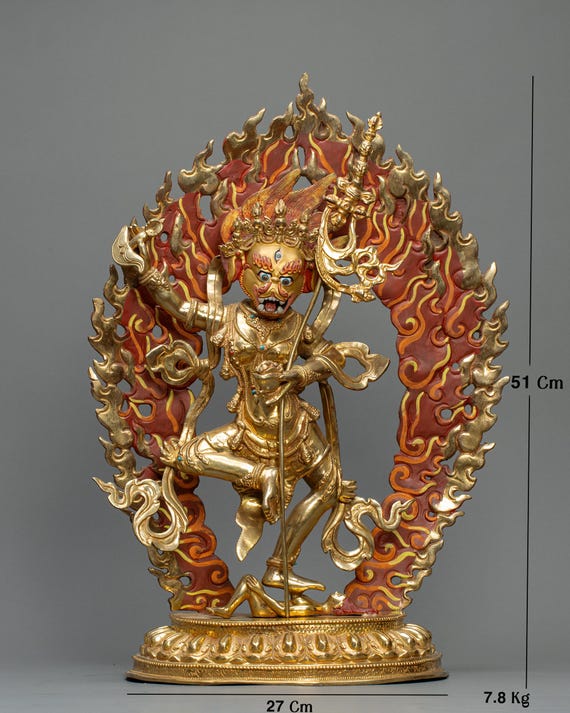 手作りの24Kゴールド製シムハムカ像：獅子面ダキニ、チベット仏教の
