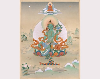 Green Tara & Amitabha Buddha in Traditional Hand-Painted Art printed in High Quality Giclée canvas, Meditation, Home Decor, Thangka Nepal