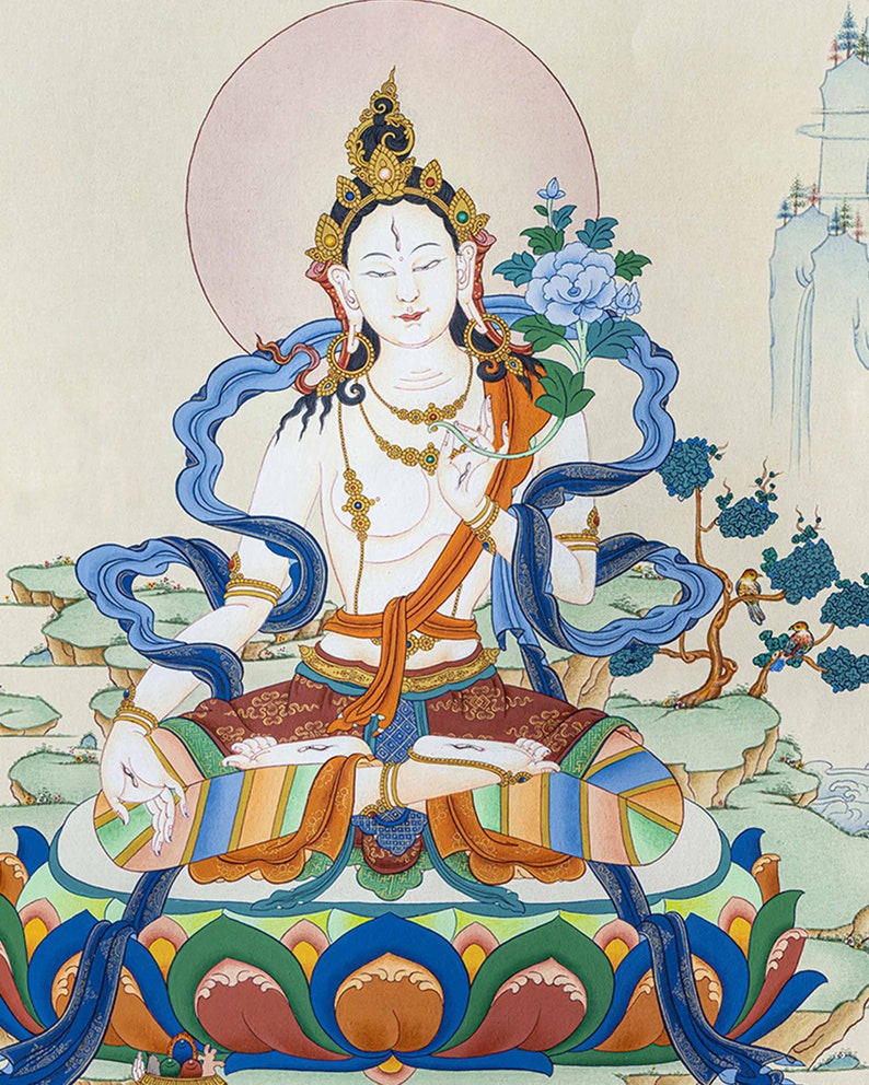 Traditional White Tara in Tibetan Thangka painting I Mother of Long Life I Refined Art I Pure Gold I Mother Tara I Thangka Nepal image 2