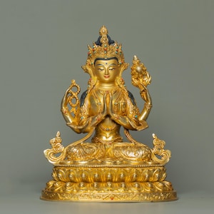 Handmade Gold Gilded Chenrezig Statue: Tibetan Buddhist Decor