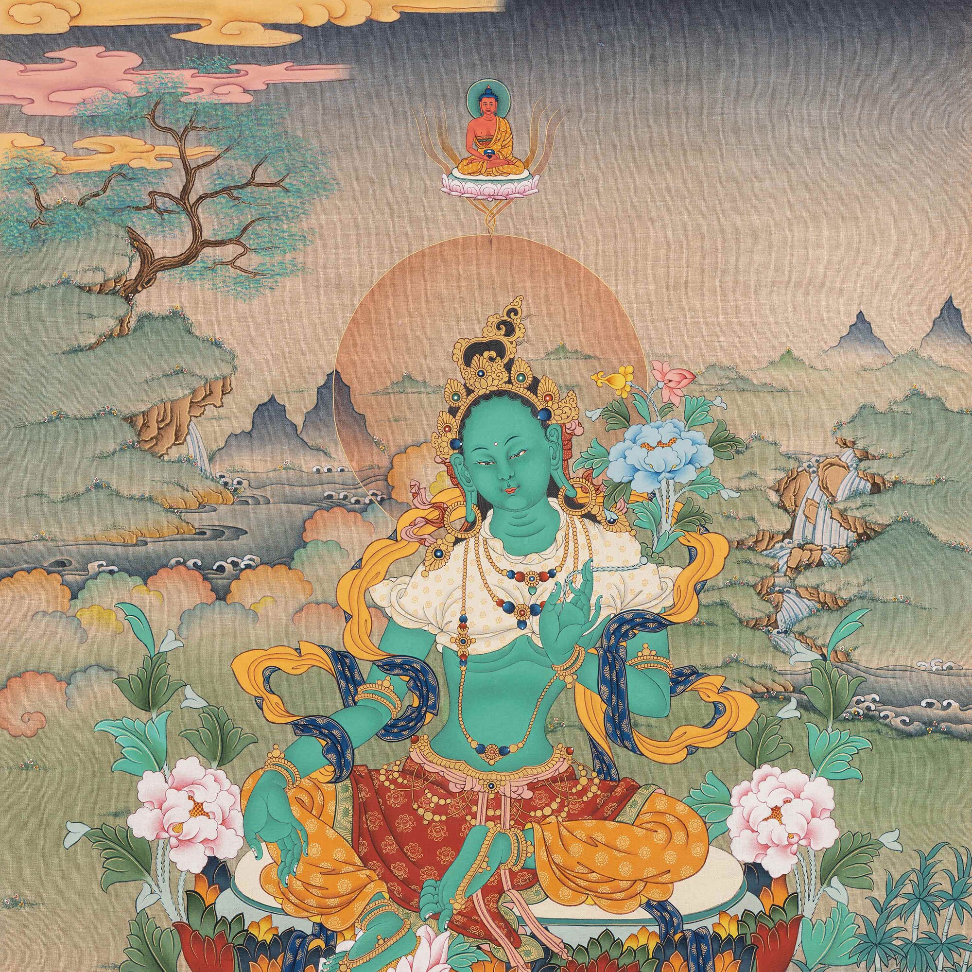 グリーン タラ キャンバス プリント、チベット仏教アート ジークレー