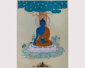 Medicine Buddha in Traditional Thangka in Giclée High Quality Fine Art Canvas Print ,Bhaisajyaguru, Art from Nepal, Tanka art, Thangka Nepal