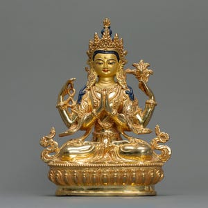 Handmade Chenrezig Statue: 24K Gold Gilded Copper Avalokiteshvara