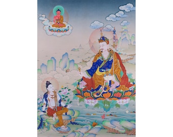 Guru Padmasambhava with Two Armed Chenrezig and Amitabha at top in Thanka Painting I High Quality Giclée Canvas Print