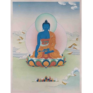 May include: A blue Buddha statue seated in a meditative pose on a lotus flower. The statue is surrounded by a pink and white halo and is set against a blue and green background.