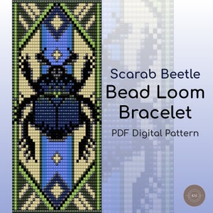 May include: A digital pattern for a bead loom bracelet featuring a stylized scarab beetle with black, blue, green, and beige beads. The pattern is titled "Scarab Beetle Bead Loom Bracelet PDF Digital Pattern".