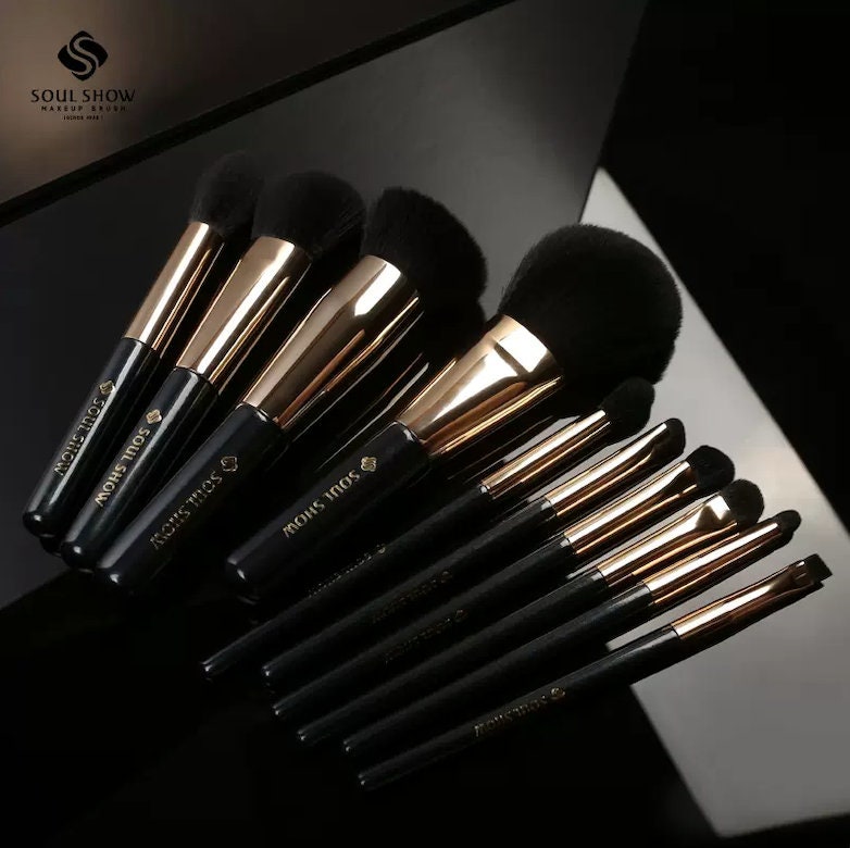 10pc Luxury Golden Black Makeup Brush Set With Box 