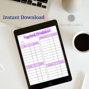 May include: A digital tablet displaying a Paycheck Breakdown budget template with sections for Bills, Sinking Funds, Savings, and Envelopes. The document features purple headers and grid lines for tracking income and expenses on a white background.