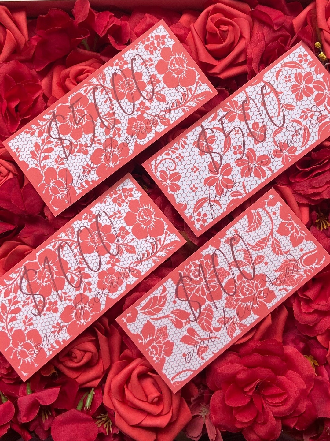 Laminated Red Lace Money Place Holders Denominations 5k, 1k, 500, 100