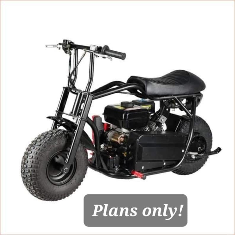May include: Black mini motorcycle with a single seat, knobby tires, and a small engine. Plans only.