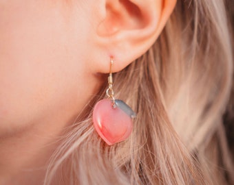 Peachy Baby Earrings | Handmade Clay Peach Smooth Shiny Earrings | Dangly Adorable Peach Gold Earrings