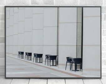 Black and White Minimalist Table and Chairs Photo Print, Modern Dining Room Decor, Monochromatic Wall Art, Photography Print, Home Decor