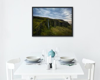 Landscape Photo Print, Hillside Waterfall Art, Serenity Decor, Scenic Waterfall Photography, Tranquil Nature Design, Lush Greenery Wall Art