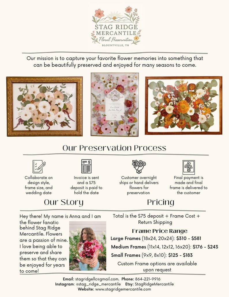 May include: A business flyer for Stag Ridge Mercantile Floral Preservation featuring three framed pressed flower arrangements, a process diagram, a personal introduction, and pricing information for various frame sizes ranging from 8x10 to 20x24 inches.