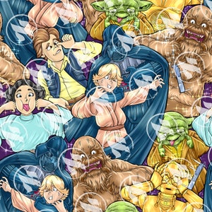 Pode incluir: Uma ilustração colorida com personagens de Star Wars. Os personagens incluem Yoda, Chewbacca, Darth Vader, a princesa Leia, Luke Skywalker e C-3PO. A ilustração é sobre um fundo de estrelas e planetas.