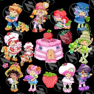 Op de afbeelding: Een kleurrijke illustratie met een groep cartoonfiguren, waaronder een aardbeiencake-personage, een aardbeiencake en verschillende bessen. De personages lachen allemaal en lijken plezier te hebben.