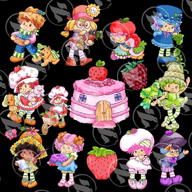 Op de afbeelding: Een kleurrijke illustratie met een groep cartoonfiguren, waaronder een aardbeiencake-personage, een aardbeiencake en verschillende bessen. De personages lachen allemaal en lijken plezier te hebben.