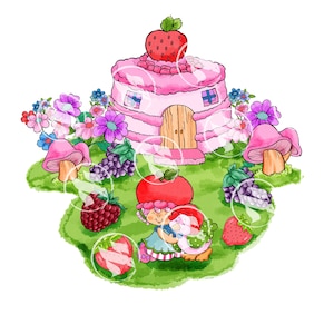 May include: A pink and white strawberry-shaped house with a green lawn and a strawberry character holding a white bunny. The house has a door and windows. There are flowers and berries around the house.