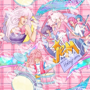 May include: A pink and blue patterned fabric with a cartoon image of a band called "Jem and the Holograms". The band members are singing and playing musical instruments. The fabric has a plaid pattern.
