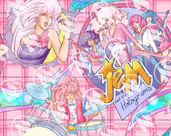 Op de afbeelding: Een roze en blauwe stof met een cartoon afbeelding van een band genaamd "Jem and the Holograms". De bandleden zingen en spelen muziekinstrumenten. De stof heeft een ruitpatroon.