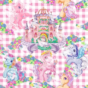 May include: A repeating pattern featuring cartoon ponies, a pink castle, and flowers on a pink and white checkered background. The ponies are in various colors, including pink, blue, and yellow, with flowing manes and tails. The castle has a rainbow archway.