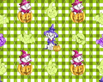 Halloween Puppy and Cute Cat Green Plaid (No IA) Seamless Pattern 15" x 15" 300 DPI – Digital Paper for Sublimation, Fabric & Scrapbooking