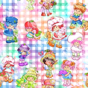 Pode incluir: Um padrão repetitivo com vários personagens de desenhos animados, cada um com roupas e acessórios únicos. Os personagens são colocados em um fundo colorido xadrez com um efeito de aquarela. Os personagens incluem uma menina com um chapéu de morango, uma menina com uma cesta de mirtilos e outros personagens.