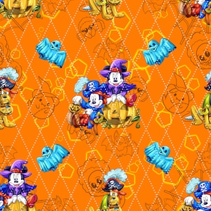 Puede incluir: Patrón naranja con temática de Halloween con personajes de dibujos animados disfrazados. Mickey y Minnie Mouse vestidos de piratas y brujas, con fantasmas, murciélagos y calabazas. El fondo tiene una cuadrícula de diamantes con líneas punteadas.