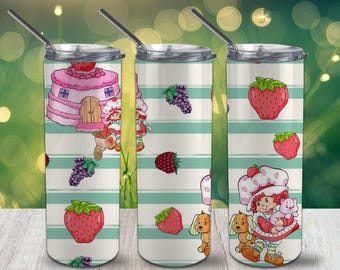 Niedliche Fruchtfreunde, grün gestreift, schmaler Becher, 20 oz, PNG 300 DPI – Sublimationsdesign zum digitalen Download
