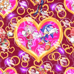 May include: A seamless pattern featuring Sonic the Hedgehog and his friends. The characters are surrounded by hearts and rings, all in shades of pink, red, and gold.