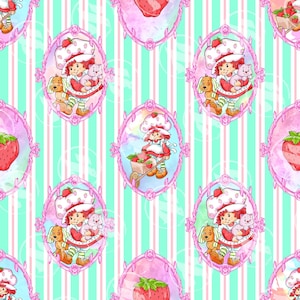 May include: A repeating pattern featuring Strawberry Shortcake characters in oval frames against a striped background. The frames are pink and the background has vertical stripes of white, light blue, and pink. The characters include Strawberry Shortcake, a dog, a cat, and strawberries.
