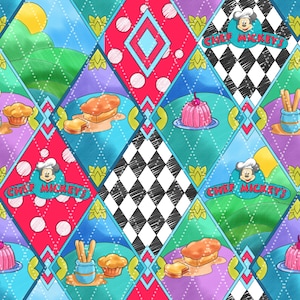 May include: A colorful, patterned design featuring diamond shapes with various illustrations. The design includes images of food, Chef Mickey's logo, and geometric patterns in red, blue, green, and purple. The overall theme is whimsical and playful.