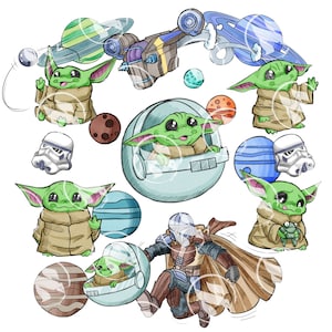 Pode incluir: Uma ilustração digital de um personagem alienígena verde, conhecido como Baby Yoda, em várias poses. O personagem está rodeado de planetas, estrelas e uma nave espacial. A ilustração é feita em estilo de desenho animado com cores brilhantes.