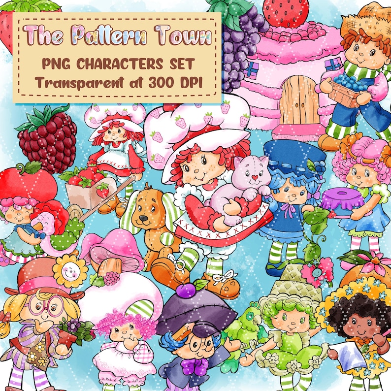 Fruit Girl Cute Friends PNG Sticker Bundle 300 DPI Transparent BG – Clipart voor sublimatie, T-shirts en knutselprojecten Digitale download afbeelding 1