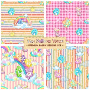 May include: A digital fabric design set featuring four distinct patterns with Care Bears characters, rainbows, clouds, and stars. The text The Pattern Town - PREMIUM FABRIC DESIGNS SET - is centered in a tan box over the colorful graphic prints.