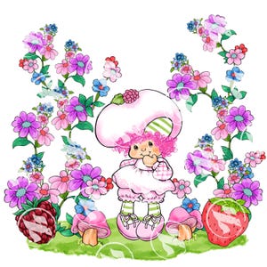 Puede incluir: Ilustración caprichosa de un personaje con un sombrero y vestido en forma de hongo rosa, rodeado de enredaderas florales con flores rosas, moradas y azules. También se muestra una frambuesa y una fresa.