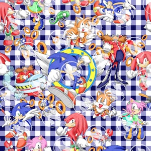 May include: A repeating pattern featuring characters from the Sonic the Hedgehog video game franchise. The design includes Sonic, Tails, Knuckles, Amy Rose, and Dr. Eggman, along with golden rings, set against a blue and white checkered background.