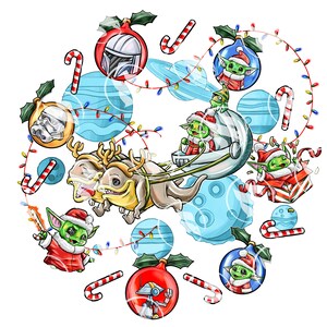 Pode incluir: Uma ilustração de Natal com vários personagens de Star Wars, incluindo Yoda, Baby Yoda e Mandalorian, vestidos com chapéus de Papai Noel e montando um trenó puxado por duas criaturas. A ilustração é cercada por enfeites, bengalas de doces e luzes.