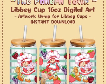 Strawberry Stripes Green (No Ai) 16oz Libbey Glass Can Wrap PNG 300 DPI – Sublimation Tumbler Design Digital Download