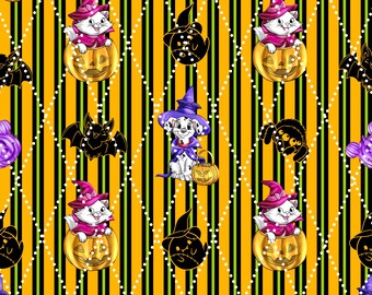 Halloween Puppy and Cat Yellow Stripes (No IA) Seamless Pattern 15" x 15" 300 DPI – Digital Paper for Sublimation, Fabric & Scrapbooking