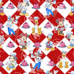 Peut inclure: Motif répété avec des personnages Disney en tenue de chef, dont Mickey Mouse, Minnie Mouse, Donald Duck, Dingo et Pluto. Les personnages sont placés sur un motif en losanges rouge et blanc, avec des desserts à la gélatine roses.