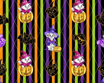 Halloween Puppy and Cute Cat Witch Stripes (No IA) Seamless Pattern 15" x 15" 300 DPI – Digital Paper for Sublimation, Fabric & Scrapbooking