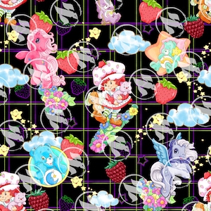 May include: A black background with a repeating pattern of cartoon characters, including a strawberry shortcake character, a care bear character, a unicorn character, and a star character. The characters are surrounded by clouds, stars, and strawberries.