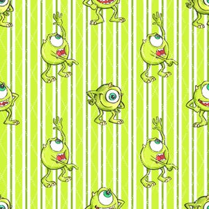 May include: A repeating pattern of cartoon green monsters with one large eye, set against a background of white dotted lines and green stripes. The monsters are in various poses, some with arms raised.