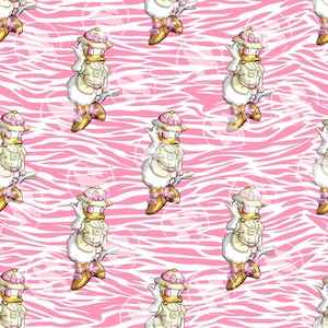 Pode incluir: Um padrão repetitivo com um personagem de pato de desenho animado em traje de safari, incluindo um chapéu com um laço rosa, uma jaqueta bege e botas. O fundo é um design de listras de zebra rosa.