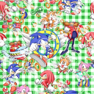 May include: A repeating pattern featuring characters from the Sonic the Hedgehog video game franchise. The design includes Sonic, Tails, Knuckles, Amy Rose, and Dr. Eggman, along with gold rings, on a green and white checkered background.