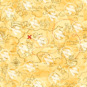 Pode incluir: Um design de mapa do tesouro caprichoso com um fundo semelhante a pergaminho. O mapa apresenta um caminho pontilhado vermelho, um "X" marcando um local, um baú do tesouro e uma faixa que diz "TREASURE". Inclui ilustrações de navios, ilhas e uma bússola.