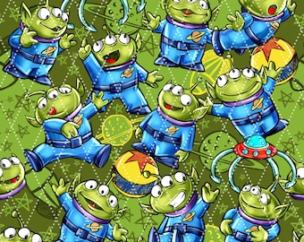 Kleine groene aliens met groene achtergrond (geen AI) Naadloos patroon 38 x 38 cm 300 dpi – Digitaal papier voor sublimatie, textiel en scrapbooking