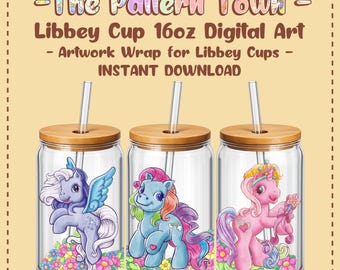 Niedliche kleine Pferde im Garten (ohne KI) 16oz Libbey Glasdosen-Etikett PNG 300 DPI – Sublimationsbecher-Design Digitaler Download