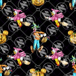Pode incluir: Um padrão repetitivo com personagens de desenhos animados em fantasias de Halloween. Pato Donald com uma fantasia de bruxa rosa voa em uma vassoura. Pateta com uma roupa de espantalho carrega um saco de guloseimas. Abóboras e morcegos também são apresentados.